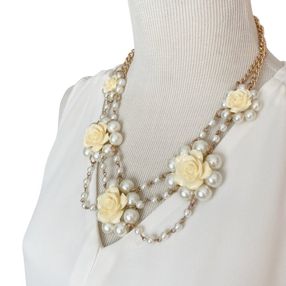 White Lucite Rose Bib Statement Necklace with White Pearls Adjustable Length - Picture 3 of 4